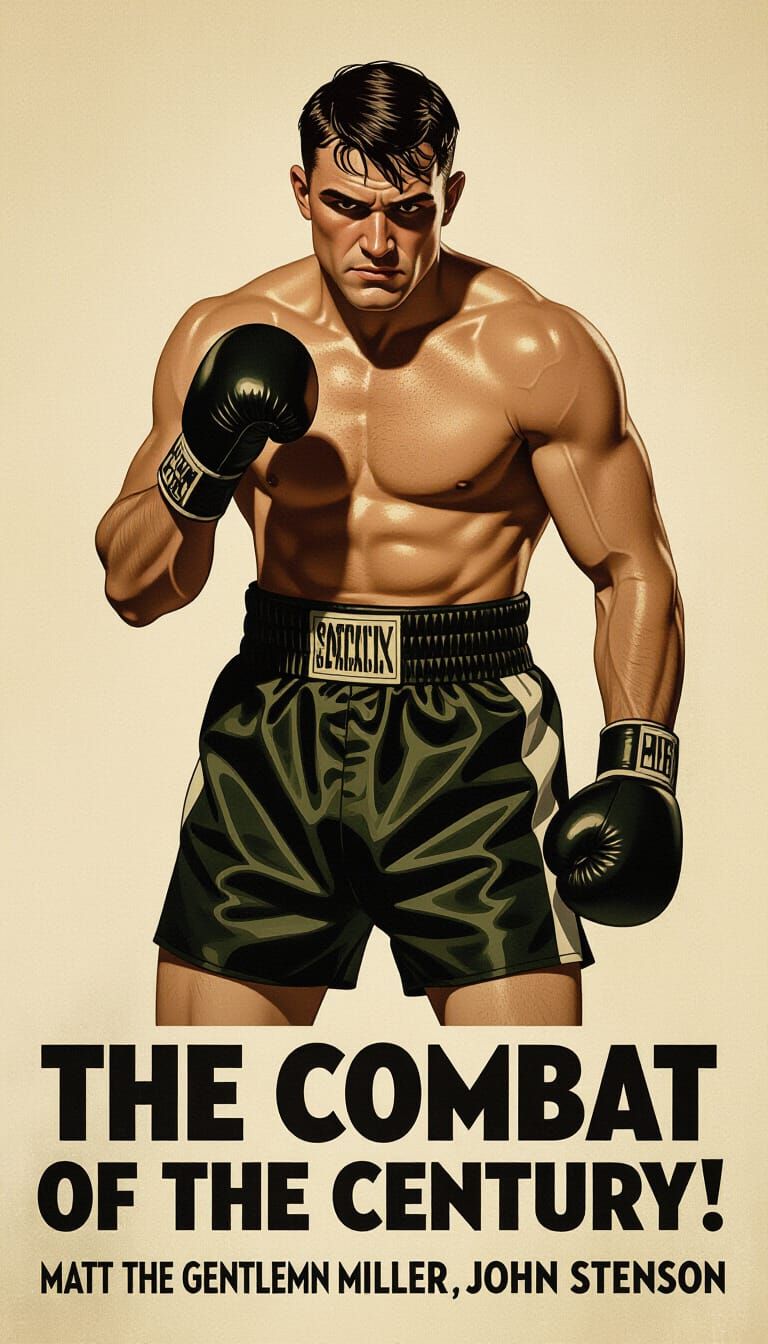 A photorealistic picture
A rugged boxer man in a 1920s poster 
Below the picture it is written: "The ...  by @KinginYellow2