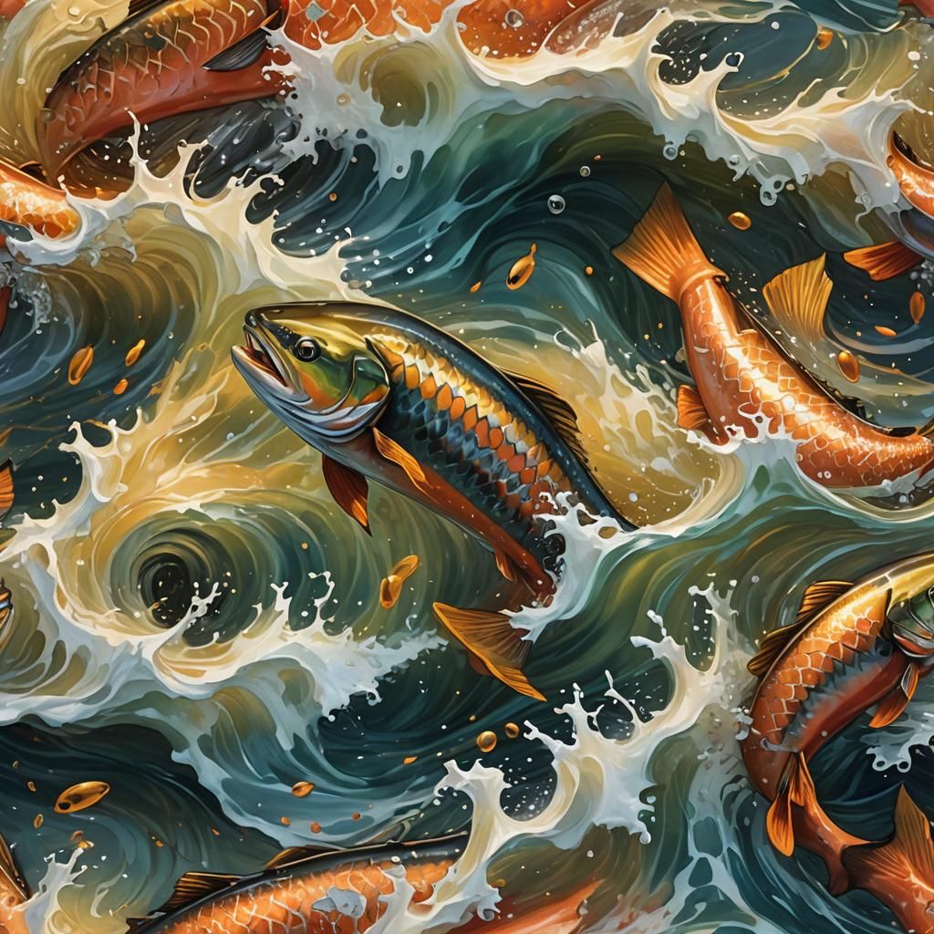 Salmon in Turbulent Sea: Vibrant Marine Art