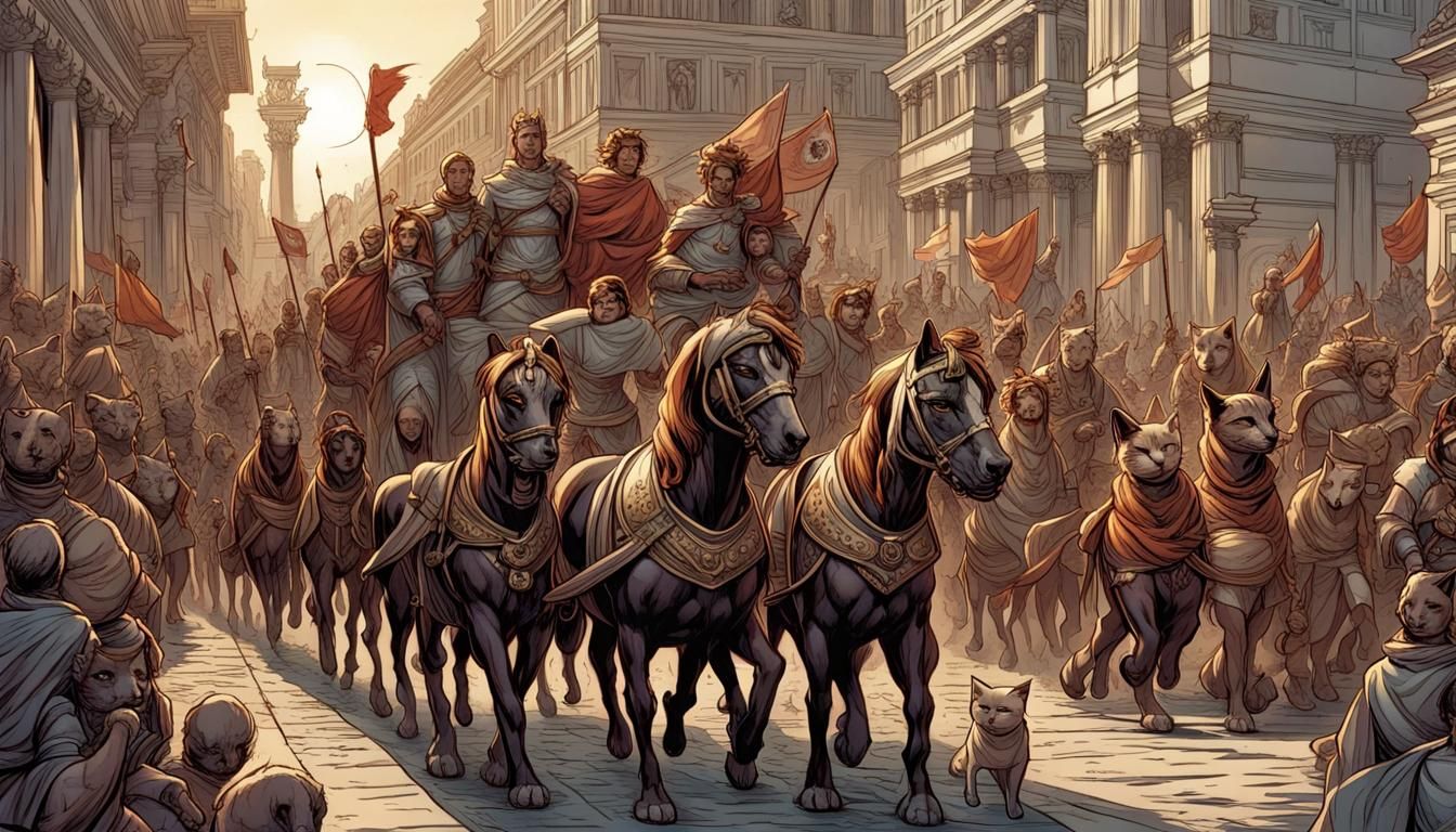 Highly detailed Roman triumphal procession with cats instead of humans ...