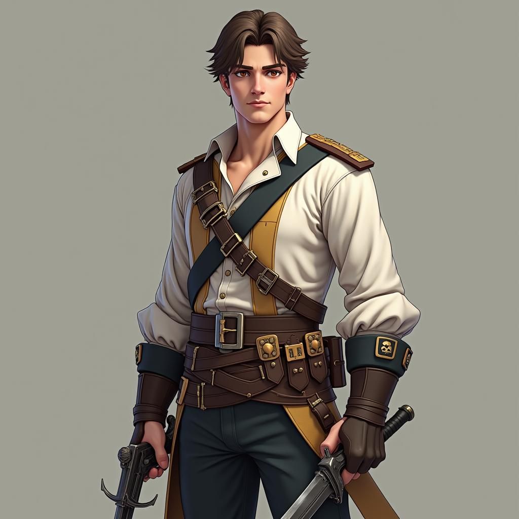 In the one piece style, 21 year old pirate male, past marine navigator, equipped with two weapons,  wearing a repurposed marine uniform that is white, with tan and black also worked into the outfit, hazel eyes and brown hair that is faded to the ears with tattoos covering one side of the body 