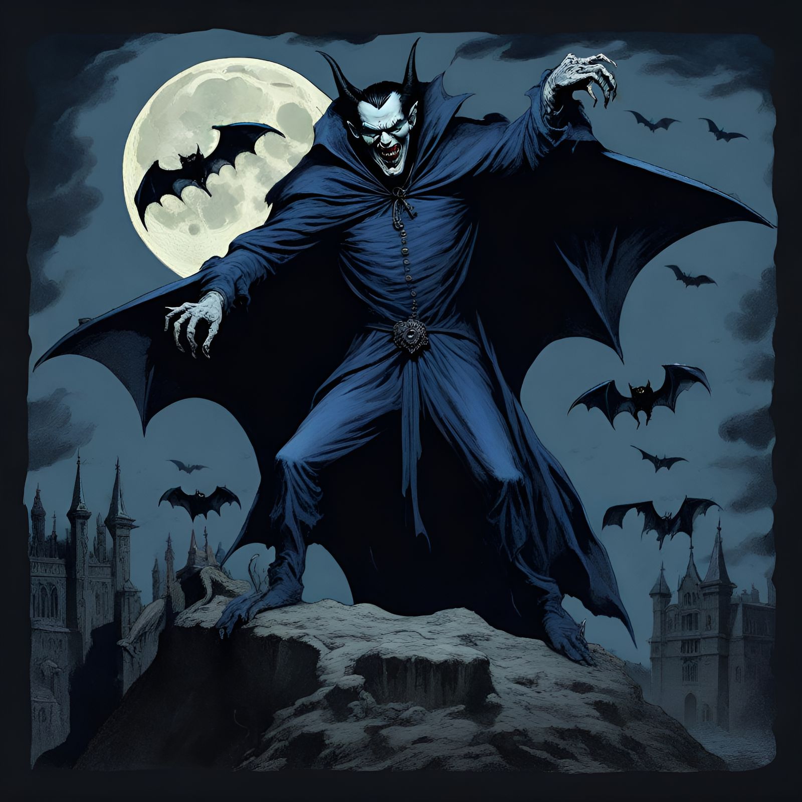 dark blue count demon dracula,bats,full moon giant demon Sat...