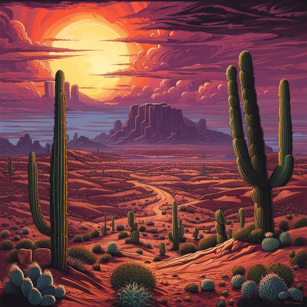 Desert Sunsets, oil painting, Cactus  by @DS_Lyoko