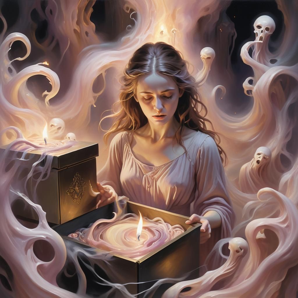 Pandora looks down with dismay and amazement at what is inside the open box in front of her which is ...  by @jazzrat2000