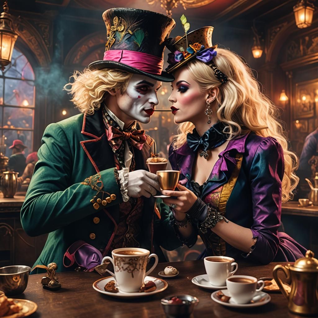A blonde cabaret dancer kissing the Mad Hatter holding a cof...