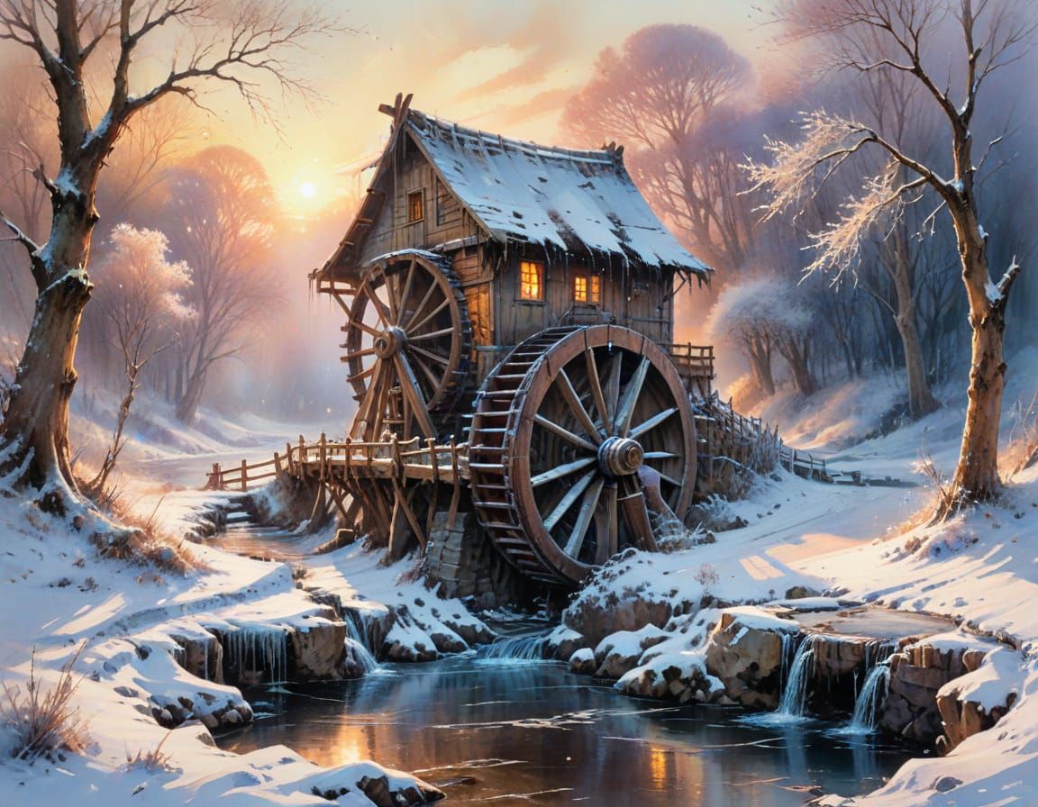 Rustic Waterwheel Beside Frozen Stream, Watercolor