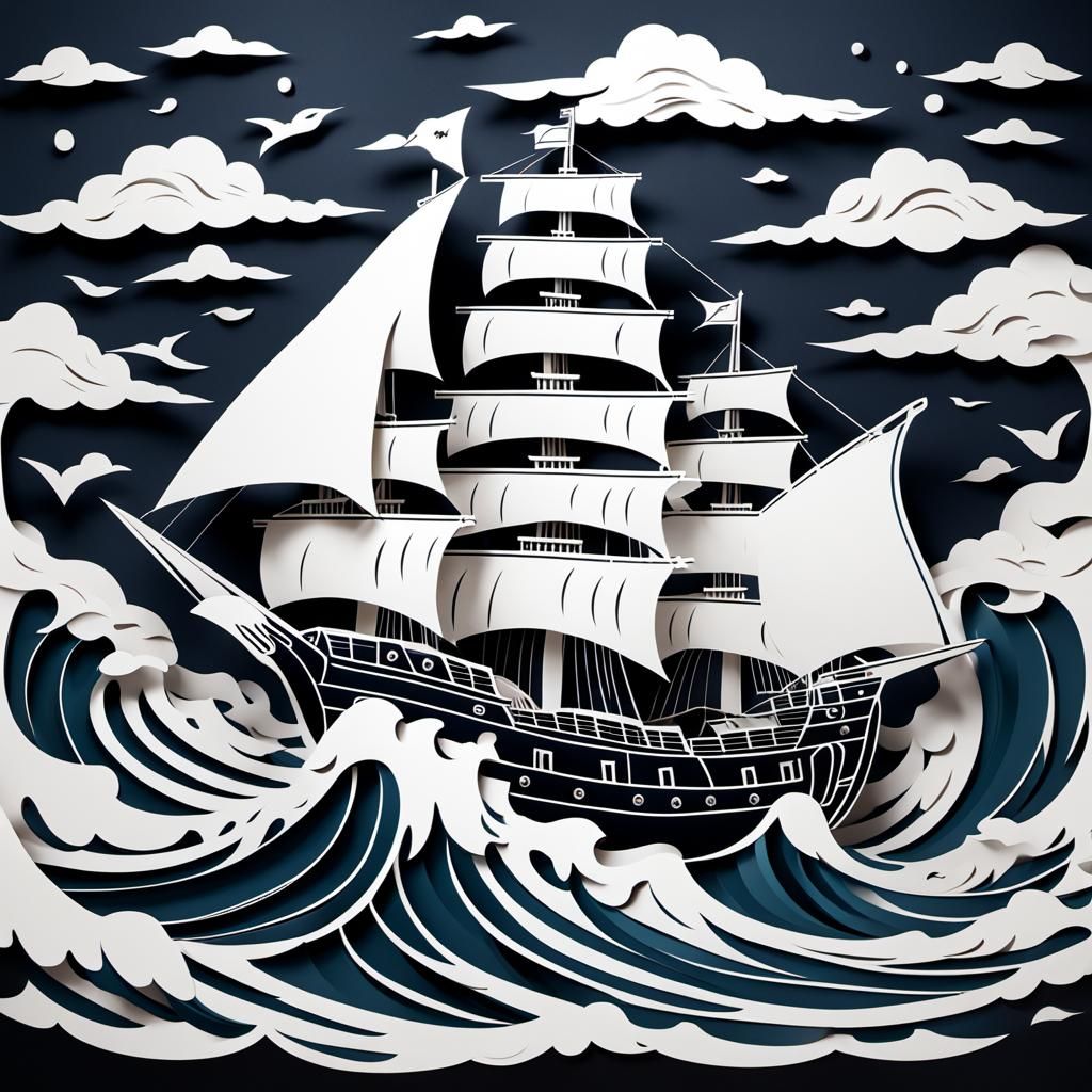 Digital art of a pirate ship cut out in Kirigami style. The ...