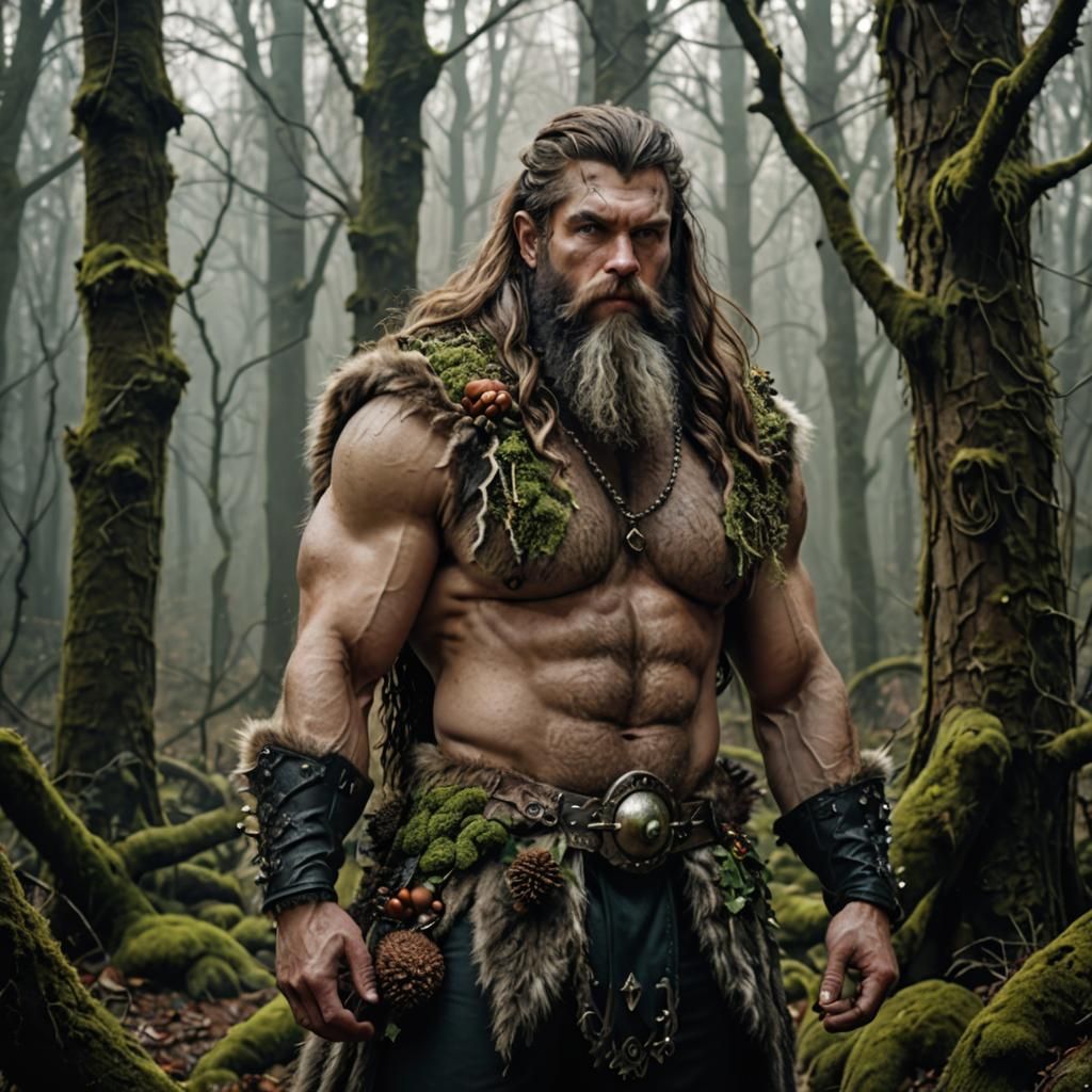 A large muscular man, dressed in skins and furs, his long ha...