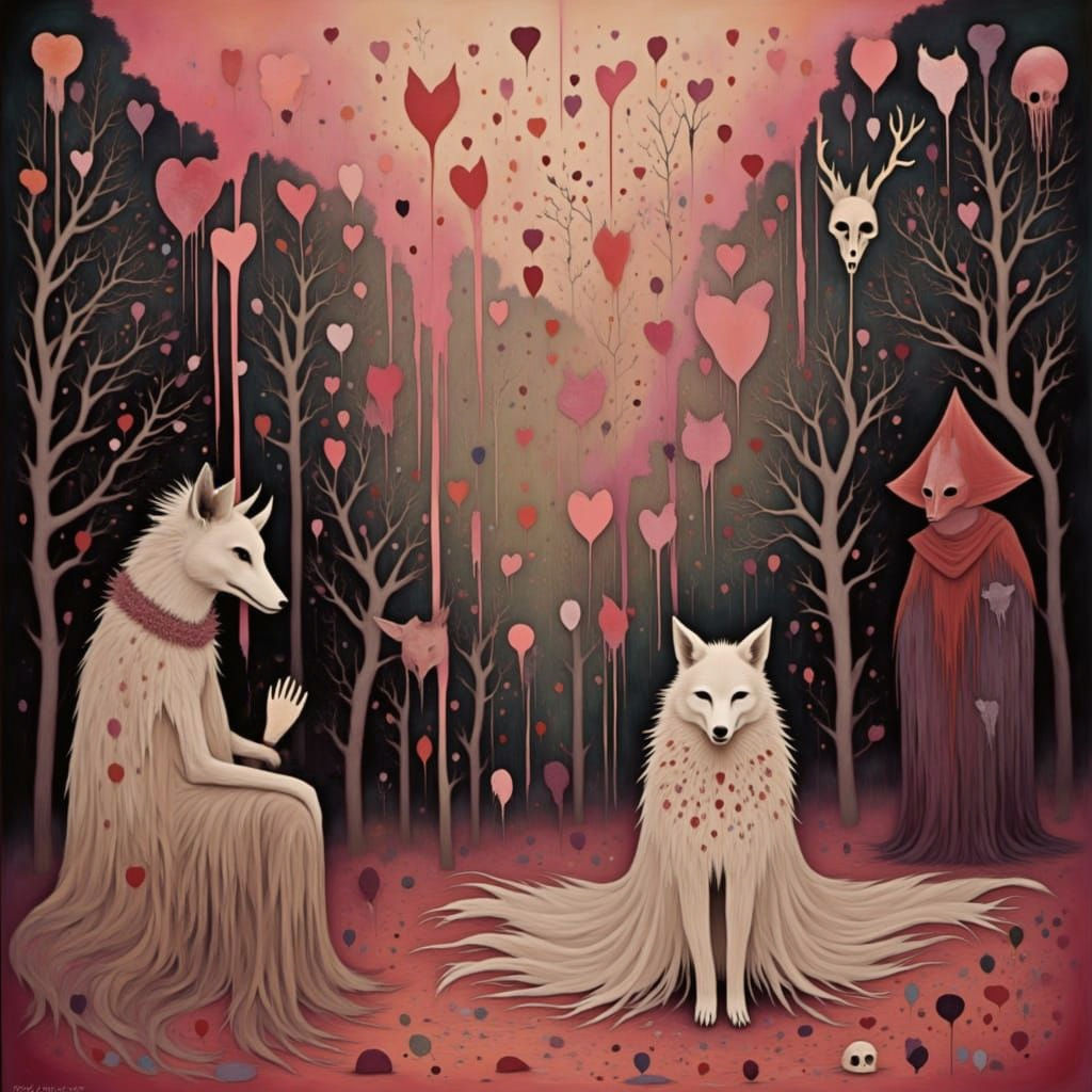 <lora:Pagan Moon:1.0> Gouache painting. Medium shot. A fox in a wedding dress flees a loveheart factory spewing pink goo. A sinister priest ...