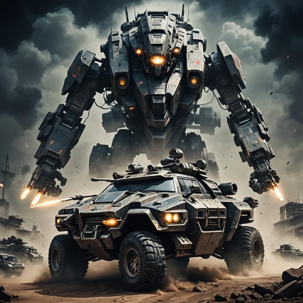 cyborg mech car with guns on top and a dark atmosphere and i...