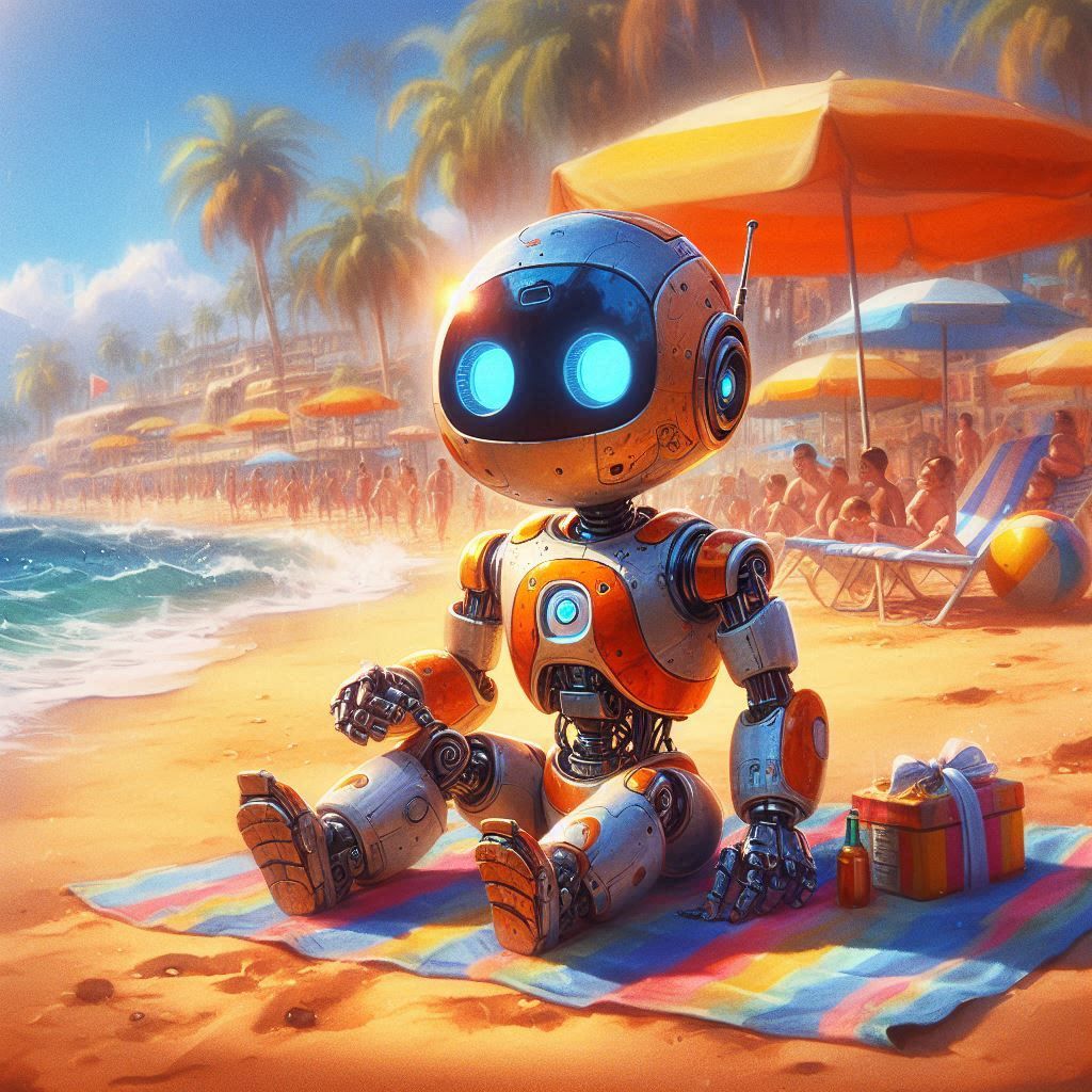 adorable Robot on beach towel on warm sunny day