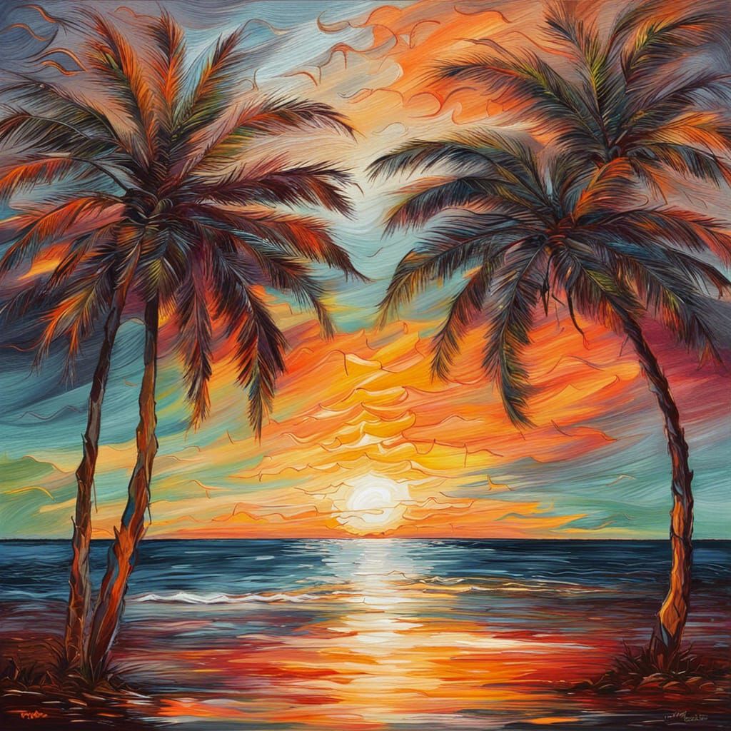 Impressionism painting of a beach view with sunset and palm trees abstract art complementary colors fine ... false