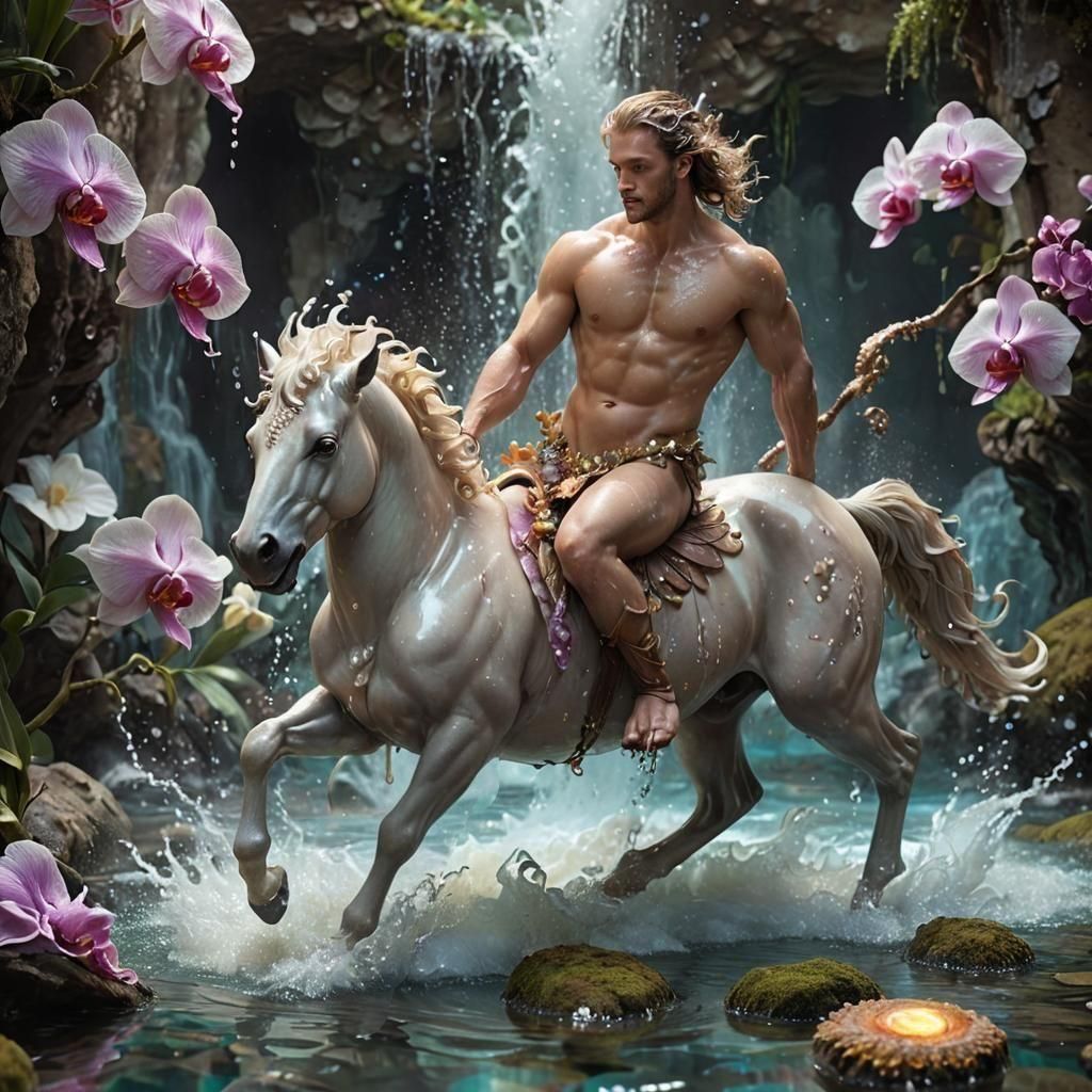 Hyper-realistic fantasy concept art. Medium shot. Radiant male Centaur in mid-gallop, poised confidently, amidst swirling liquid Water Eleme...