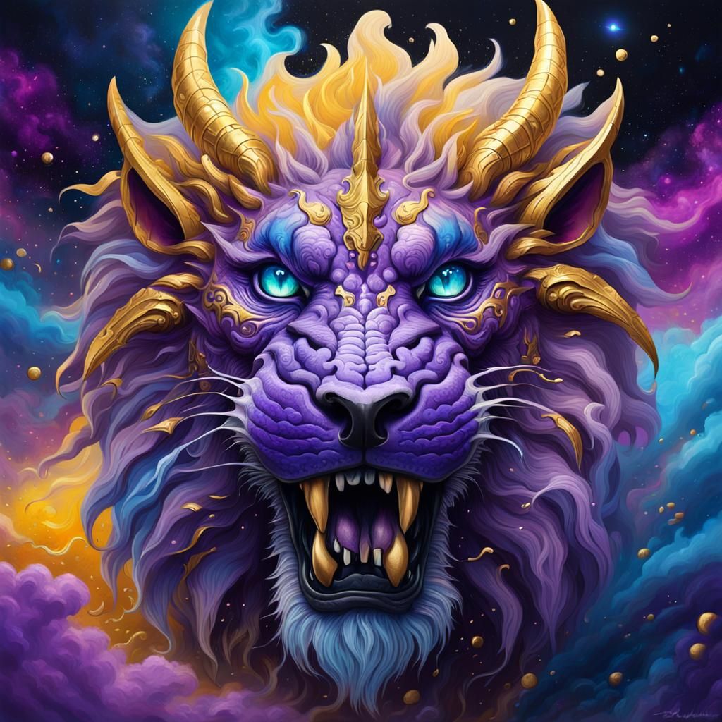 hyper realistic purple and gold dragon Lion fantasy creature...