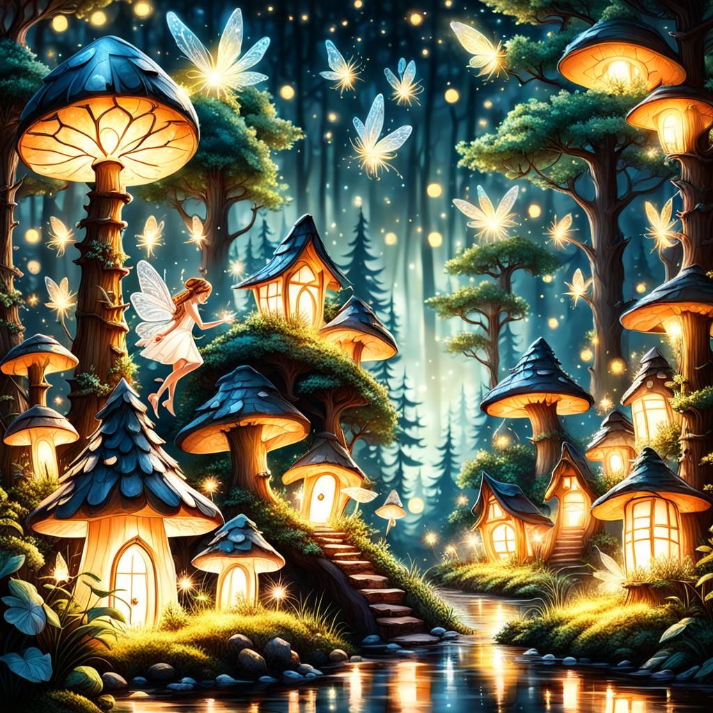 Wonderous fairy village in a forest, fairies flying about, and sparkling fireflies.  by @Pam