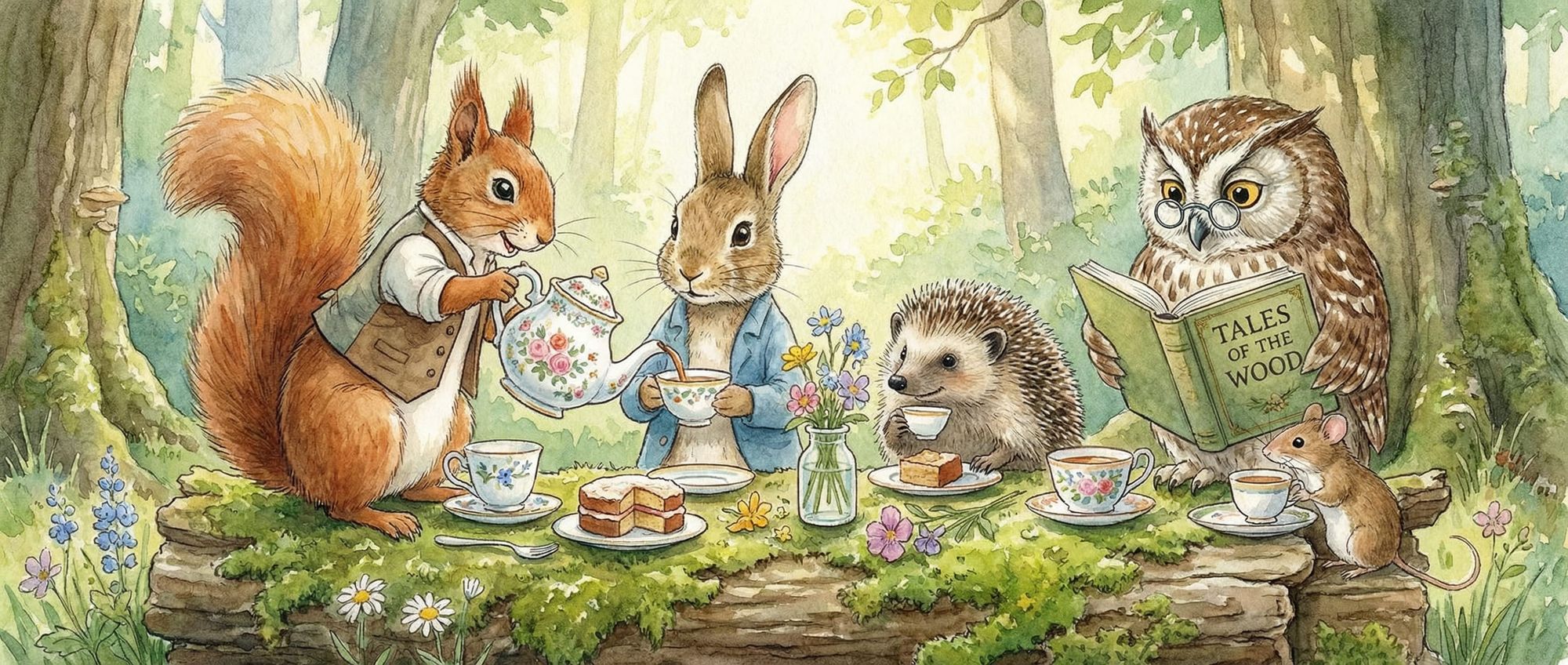 A whimsical scene of anthropomorphic woodland creatures having a tea party in a sun-dappled glade. A mischievous squirrel pours tea from a d...