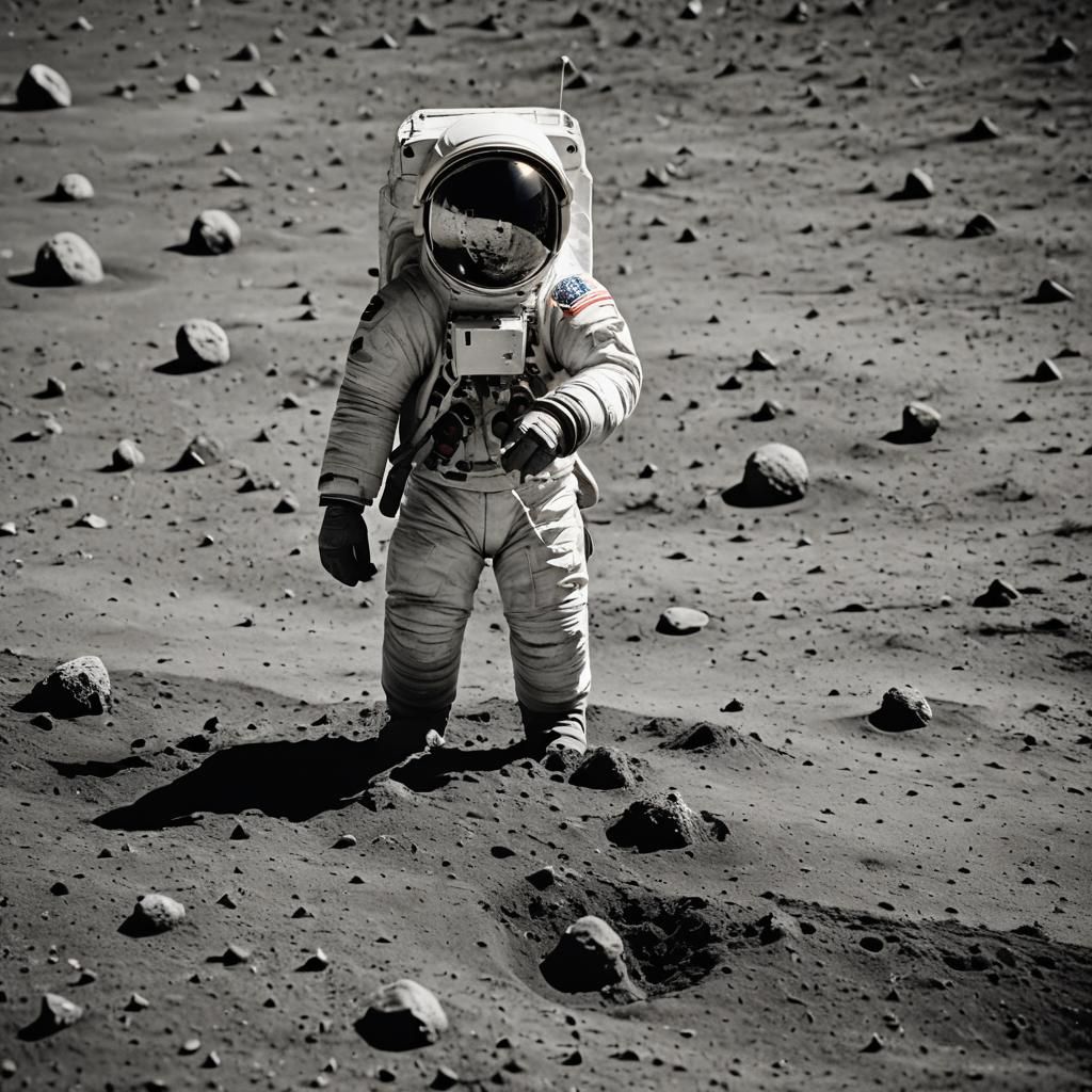 Astronaut Plants Flag on Moon in B&W Photo