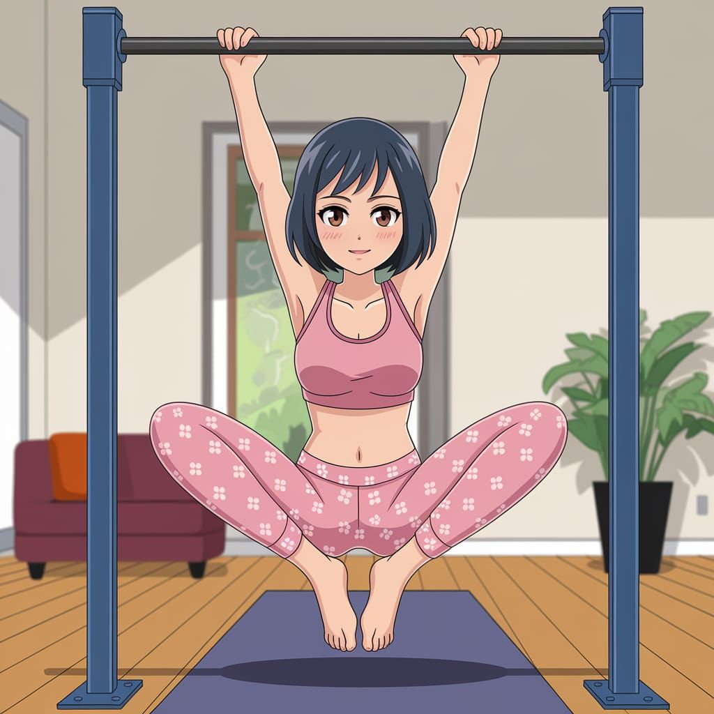 Anime Woman Doing Pull-Ups in Sakura Outfit