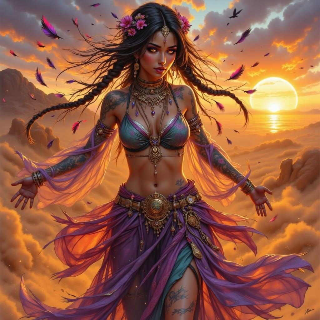 Bohemian Woman Dances in Desert Sunset Festival