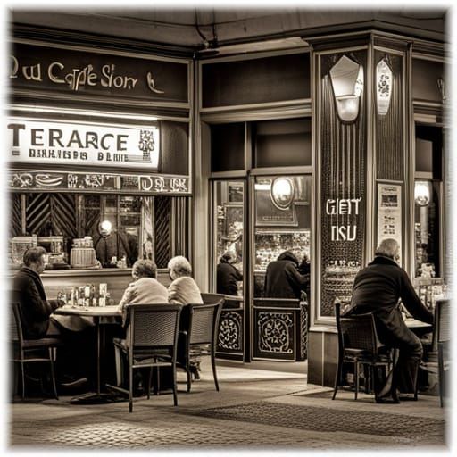 Customers having a good time at Terrasse du café le soir, Pl...