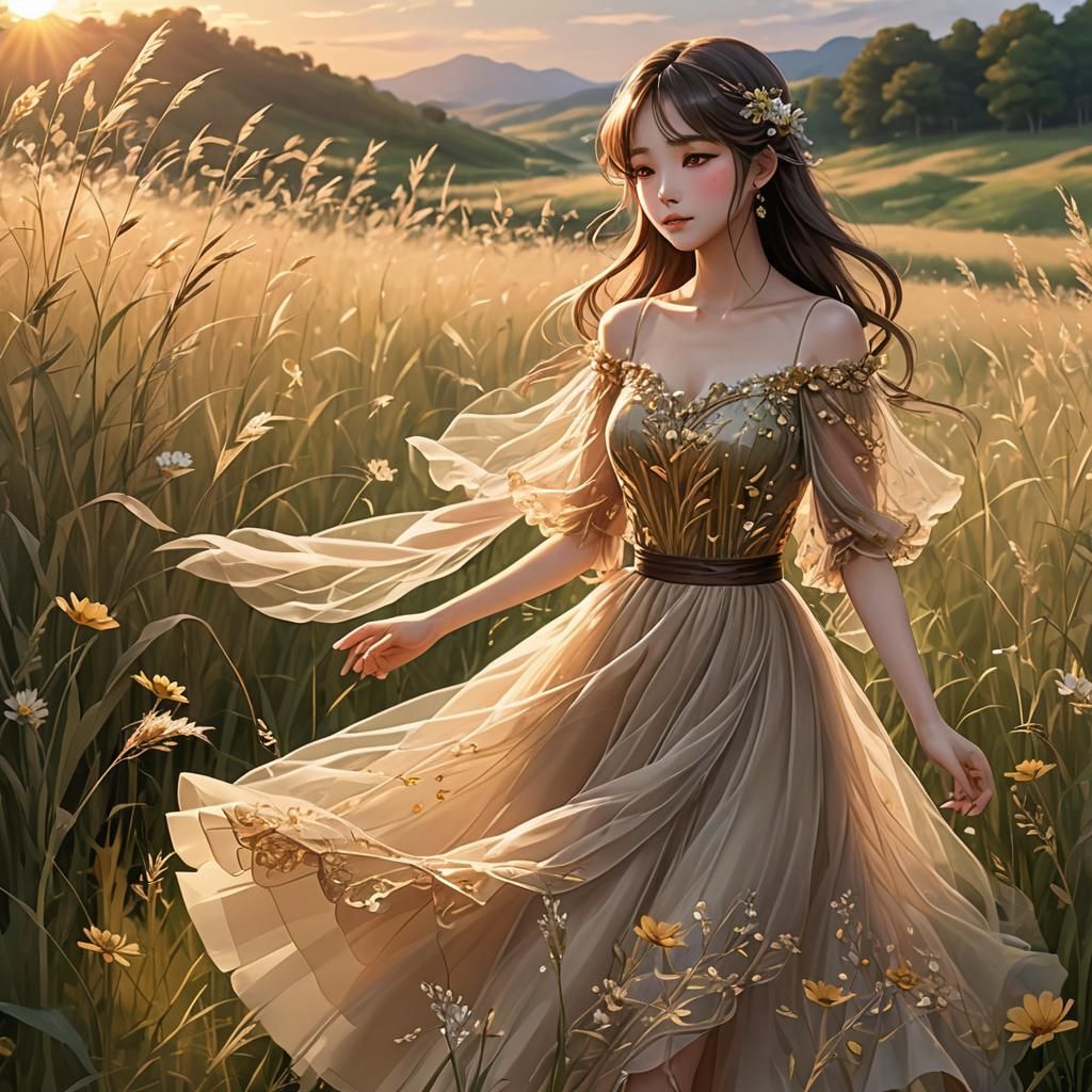 Illustrate an elegant character in a flowing tulle outfit, g...