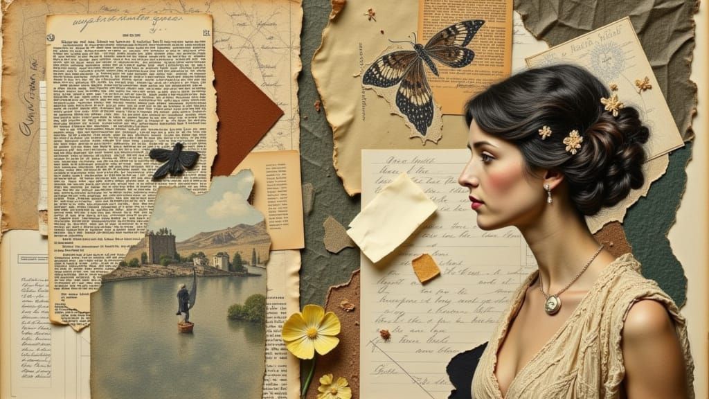 Introspective Palimpsest Collage: Agar's layering of aged papers, faded photographs, and remnants of the past, partially obscured by Erté's ...