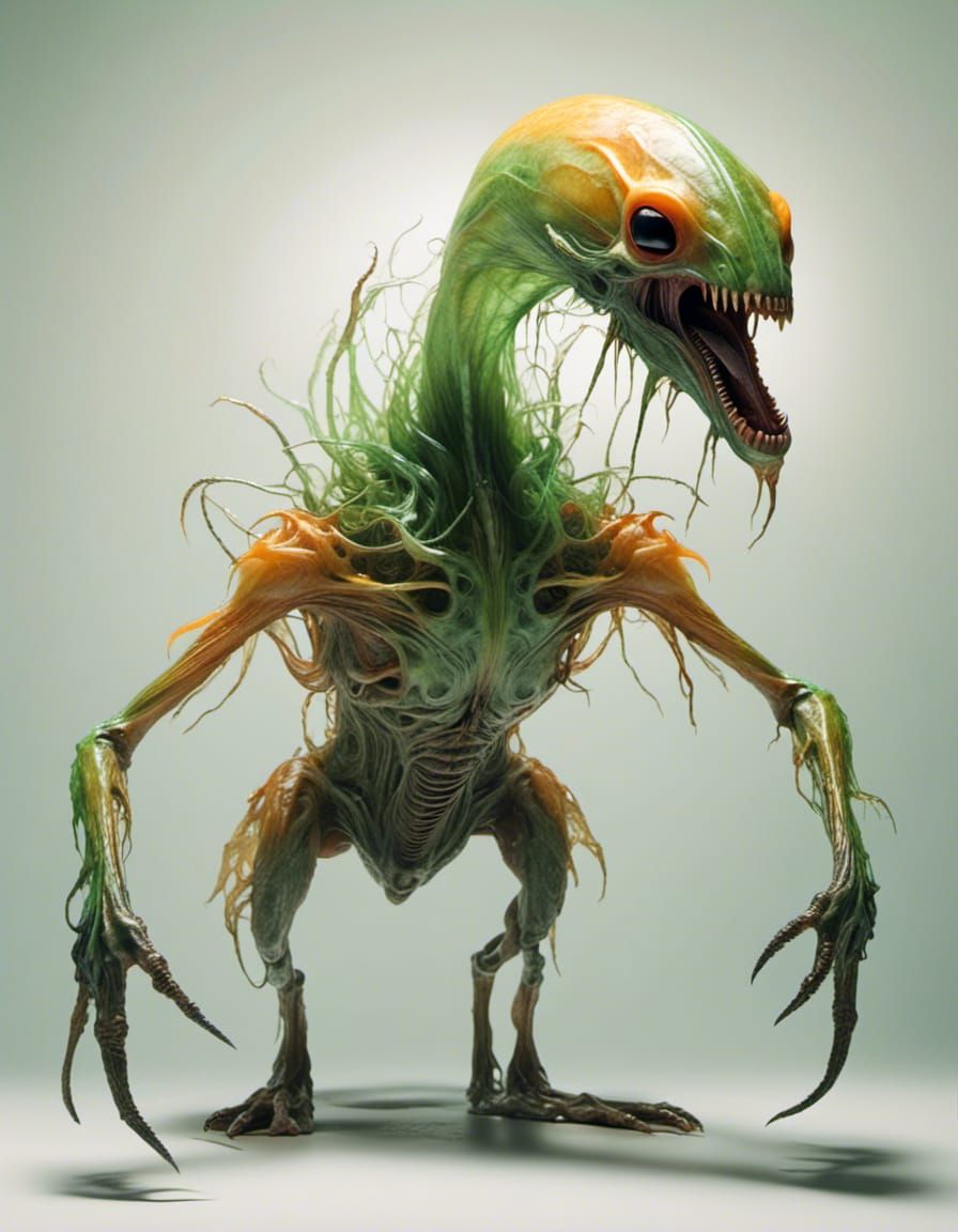 full view<lora:Creatures:1.0> a translucent green and orange  alien like creature standing before a white background, two legs, two arms, lo...
