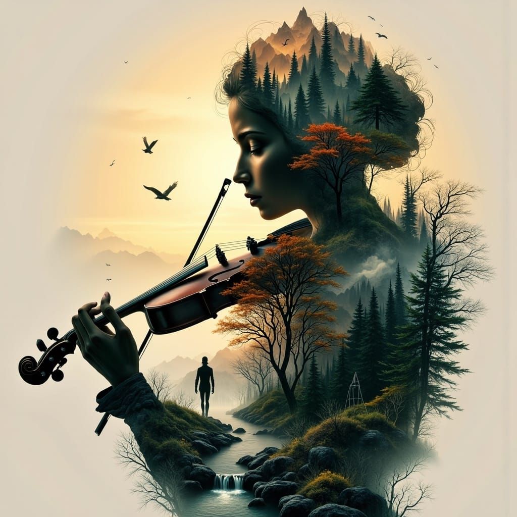 <lora:Abstract Reality:1.0> Double exposure violin played by the matte black silhouette of a woman, set ...  by @Pjrockey