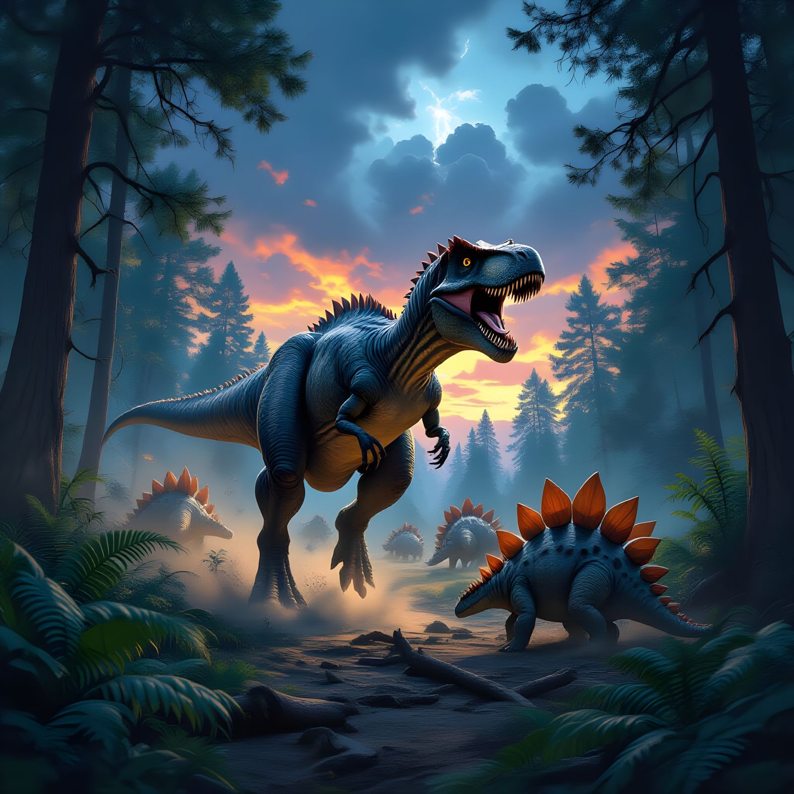 Allosaurus Hunt in Prehistoric Forest: Hyper-Realistic Conce...