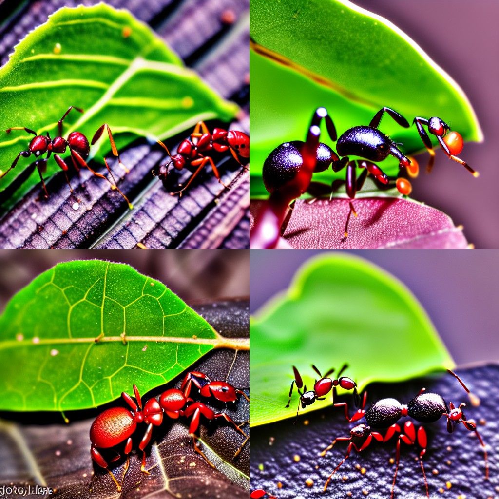 Colorful Ants carrying fruits on tree leaf, micro photograph...