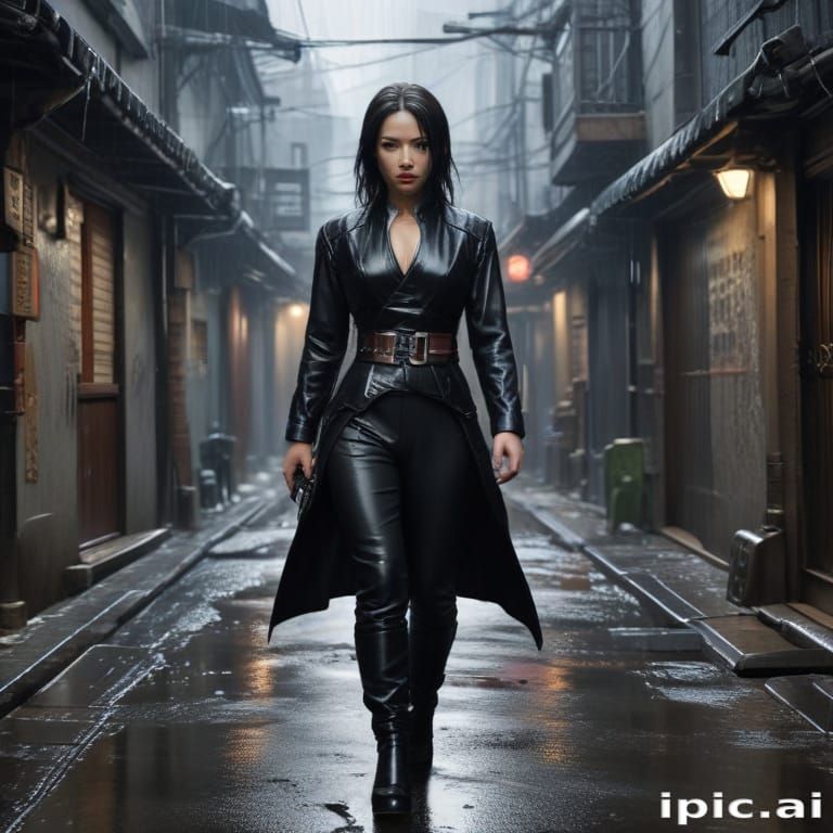 Female japanese assassin in a leather outfit, scene developm...