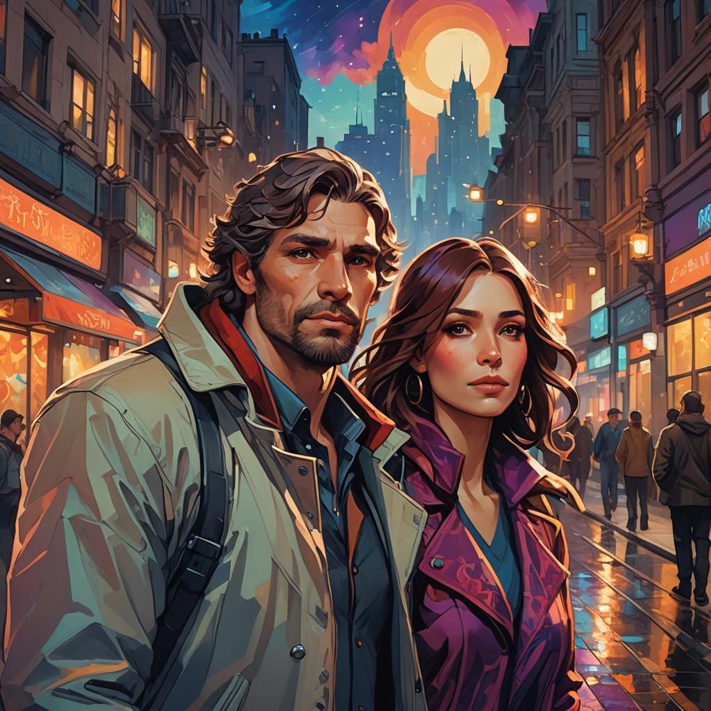 (Mann und Frau), (als Paar), (am Abend) durch die (beleuchteten Stadt) (spazieren) 