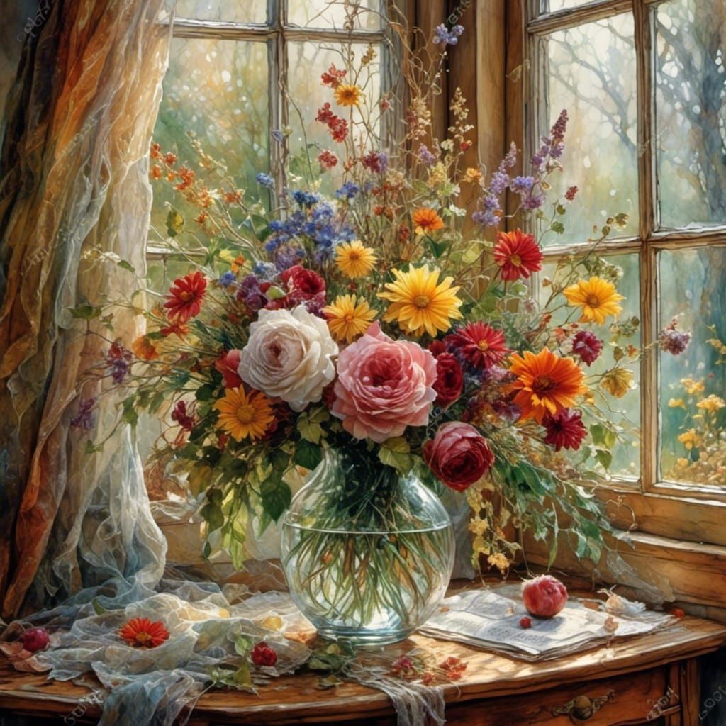 Floral Bouquet in Clear Vase by Window