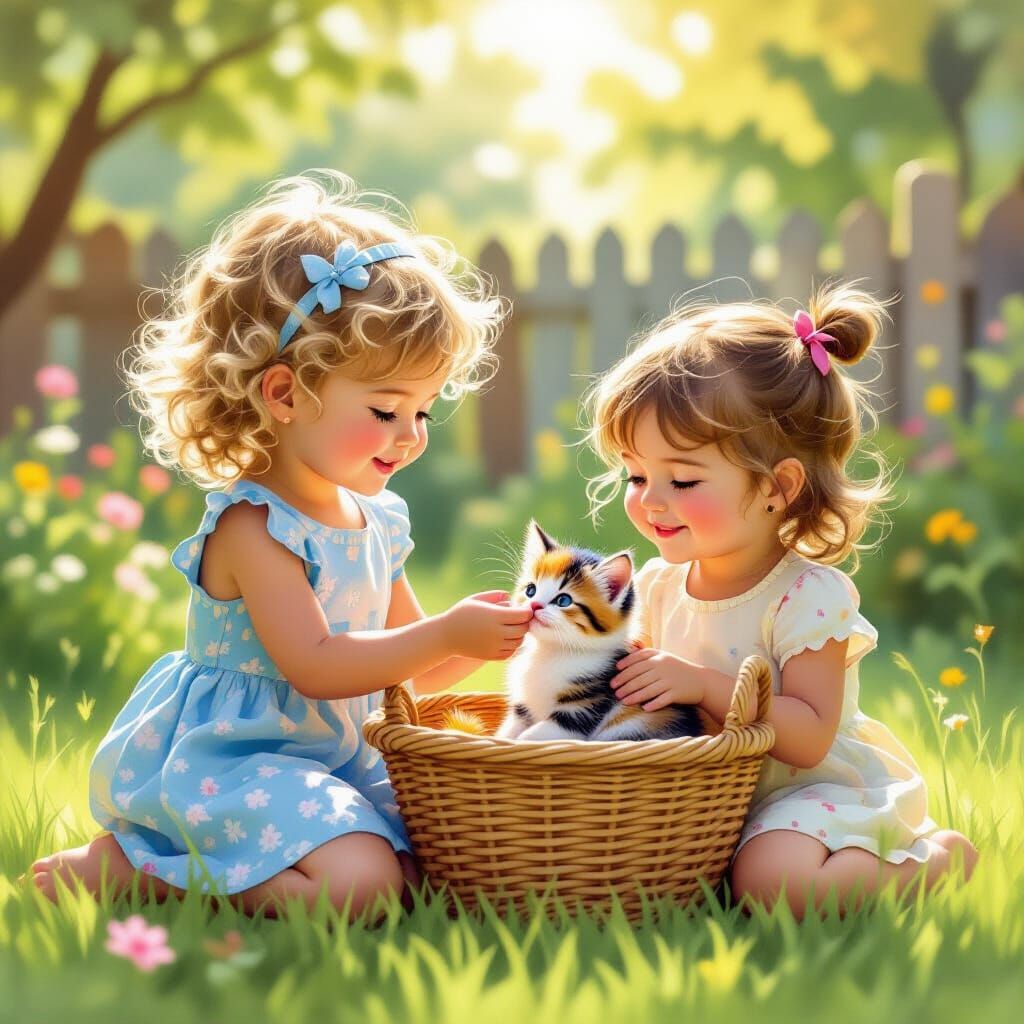 A little girl with curly blond hair took a basket full of multicolored kittens over to her friends yard and ended up giving her one and happ...