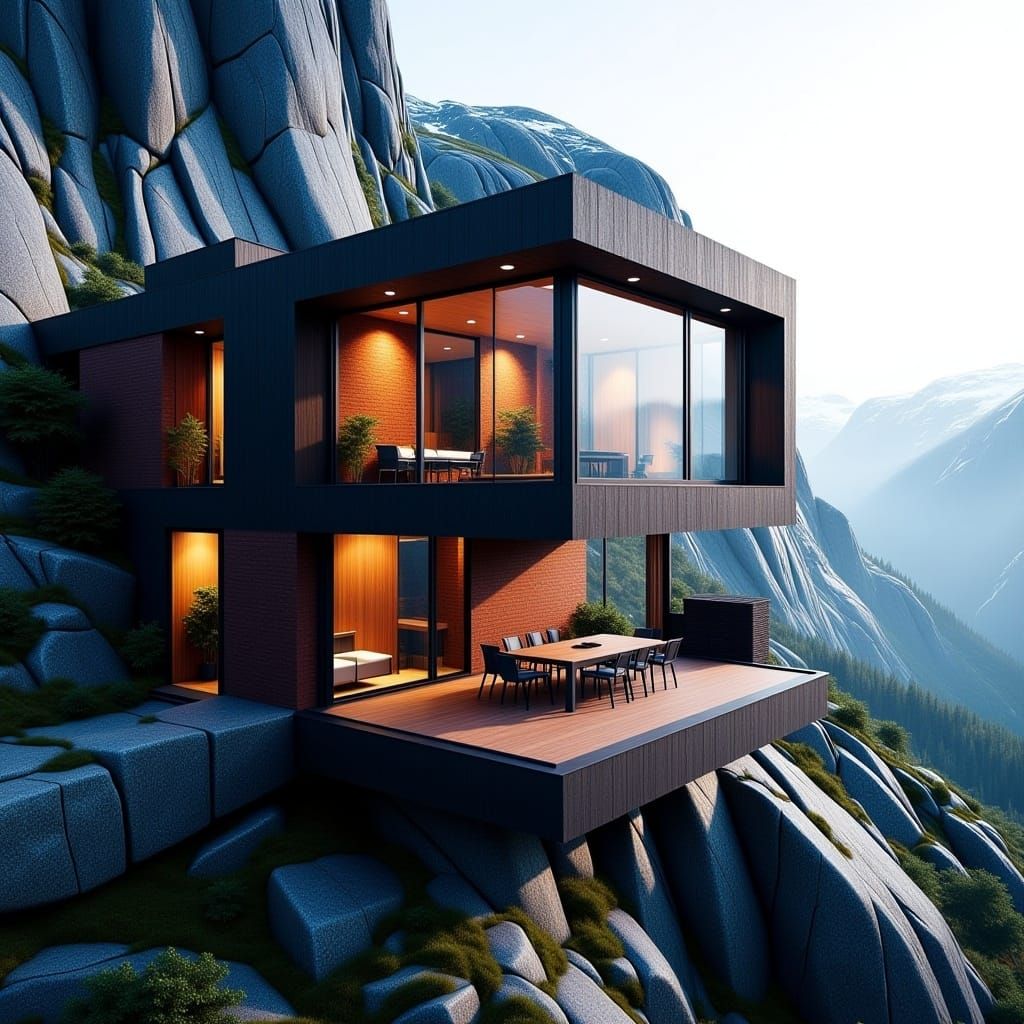 A modern corten steel and dark red bricks mixed house exterior designed by<lora:The Flux Architect:1.0> and implemented into a mountain clif...