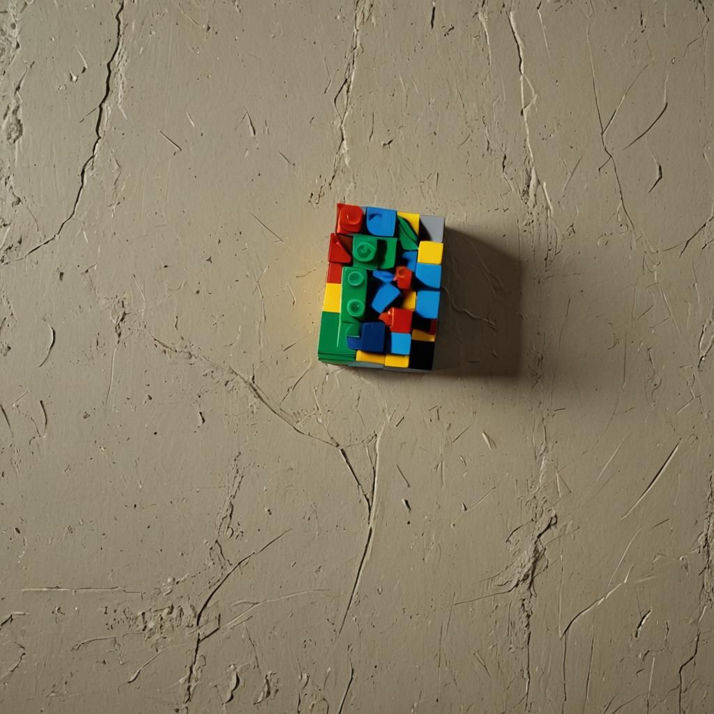 Impasto painting of a Lego brick sitting on top of a table