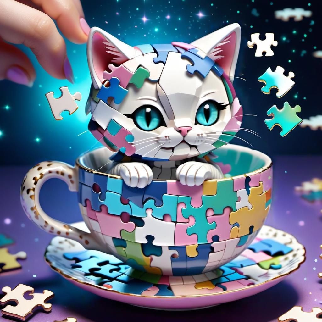 3D Cat In A Teacup Puzzle  by @Silentone