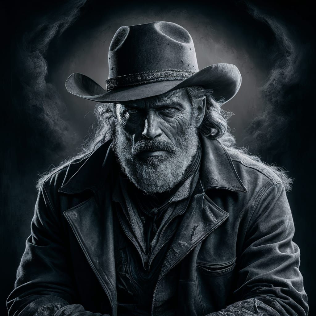 A striking conceptual illustration of a rugged and enigmatic cowboy ...