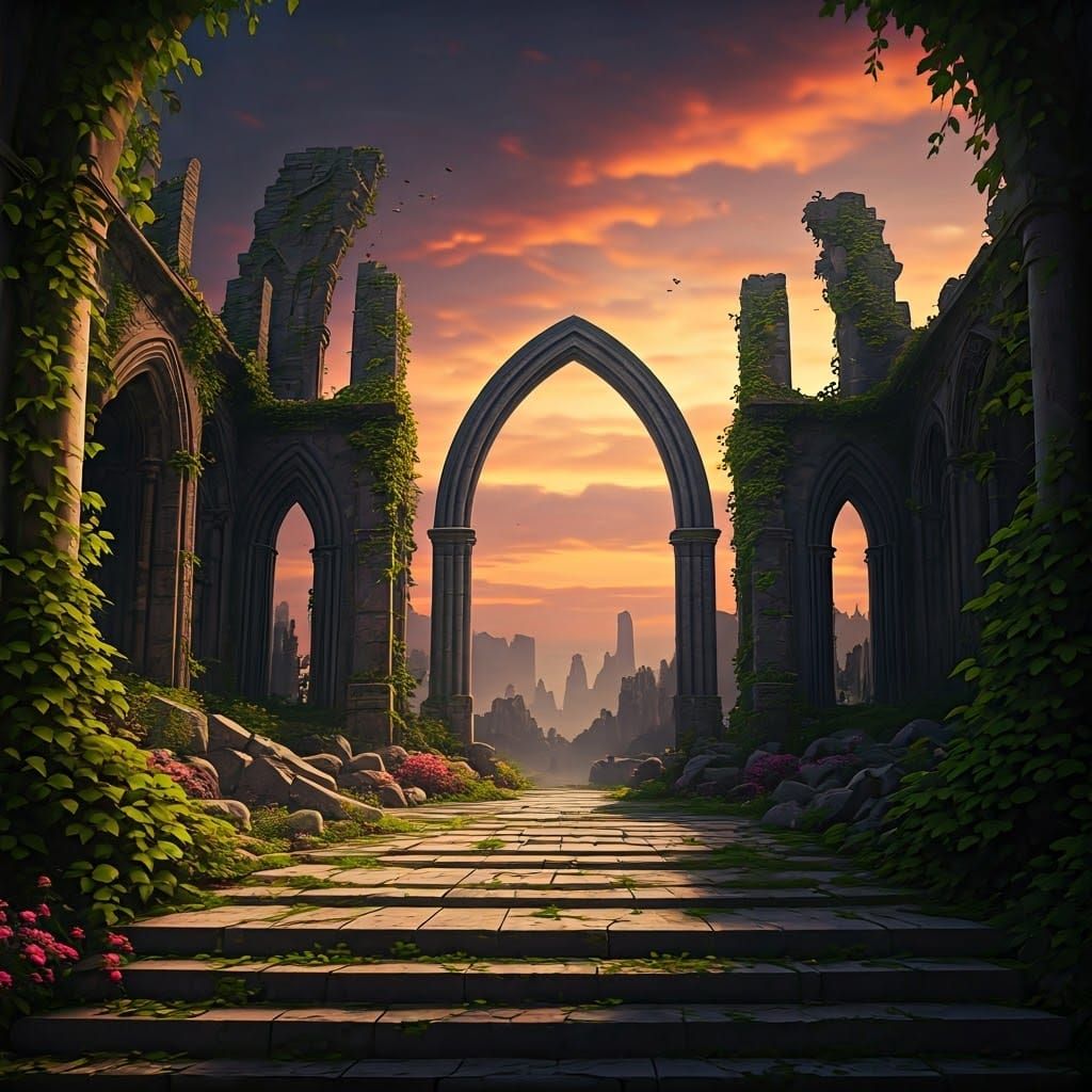 Ethereal Realm of Ancient Magic at Sunset