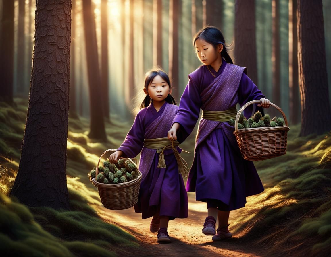Dreamlike. Photorealistic image of an eight year old Tibetan girl with a royal purple Tibetan style tunic. Carrying a wicker basket. In a pi...