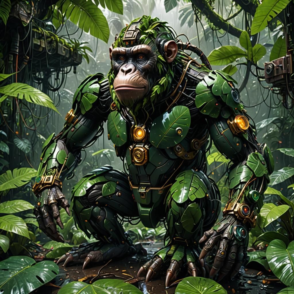 small rainforest cyborg mechanical ape sitting on a wet leaf...