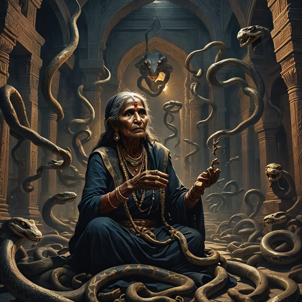 a snake charmer - an old Indian woman