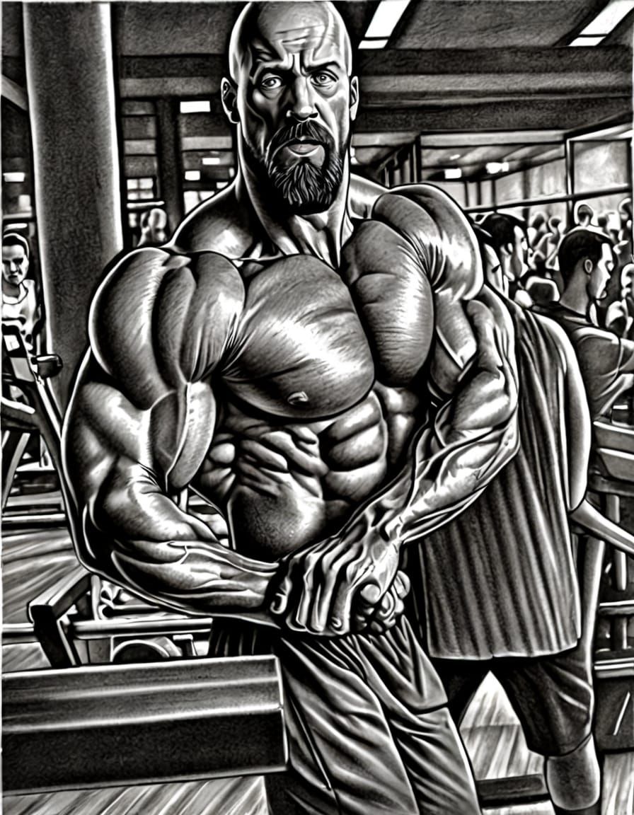 An imposing bald, very muscular Caucasian man, age 40, dominates the foreground of a gym. He stands bare-chested, showcasing his massive phy...