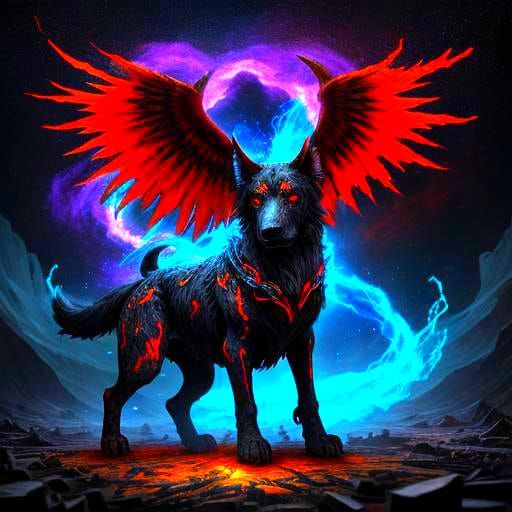 Radiant fiery hell hound standing over cracked glowing ashen...