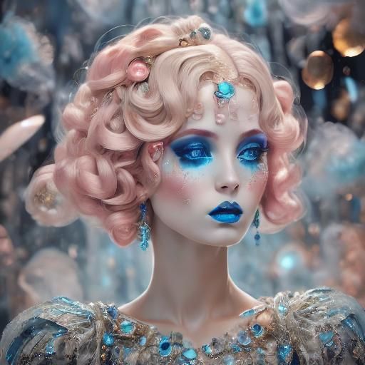 A stunning young  woman  <lora:Porcelain:1.0>, doll-like skin, bright makeup, bright blue lips 