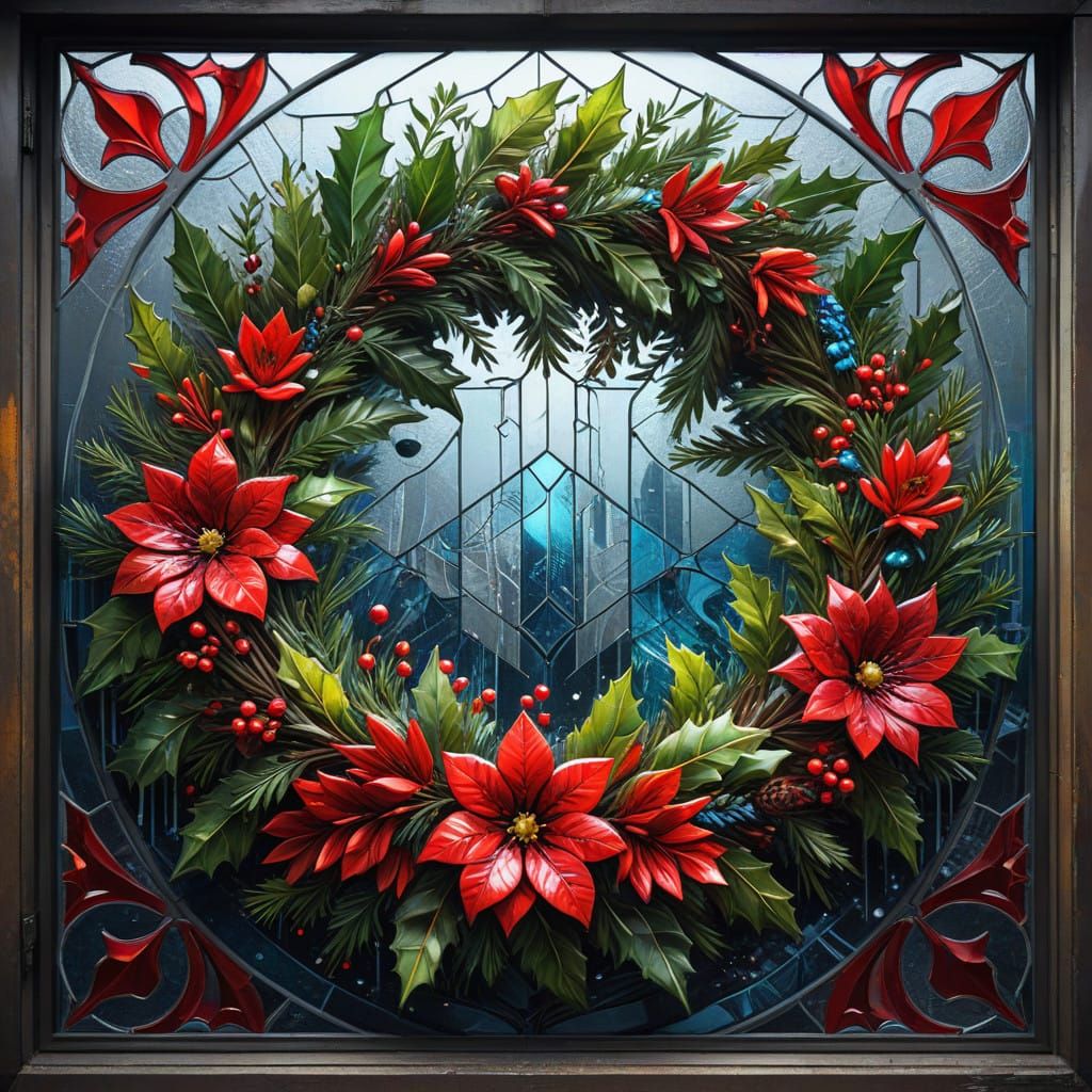 a beautiful stained glass window of a Christmas wreath: extreme details: intricate designs: stunning ...  by @evinrude