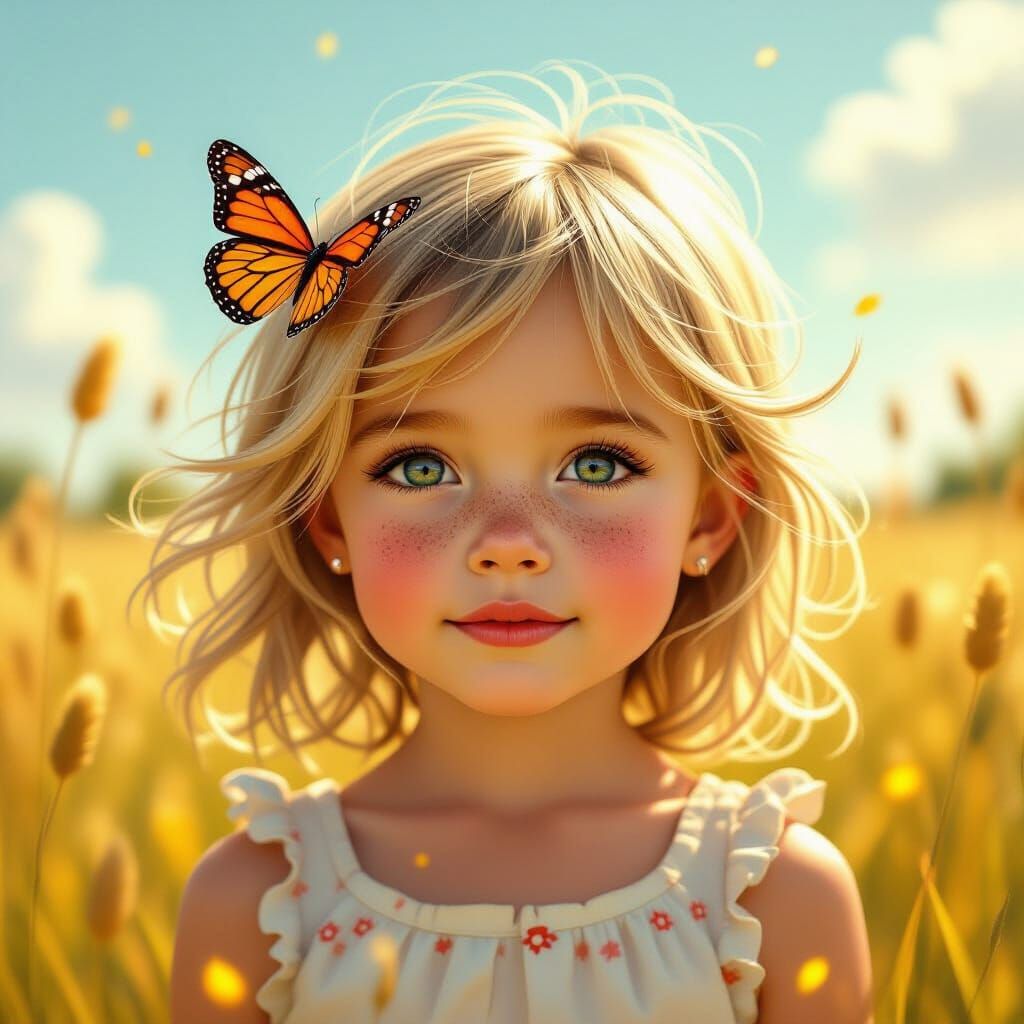 Blonde Girl with Butterfly in Sunny Field