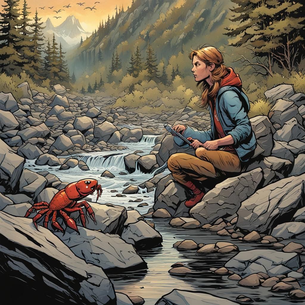 She curls among the tumbled rocks,
and waits for a crayfish ...