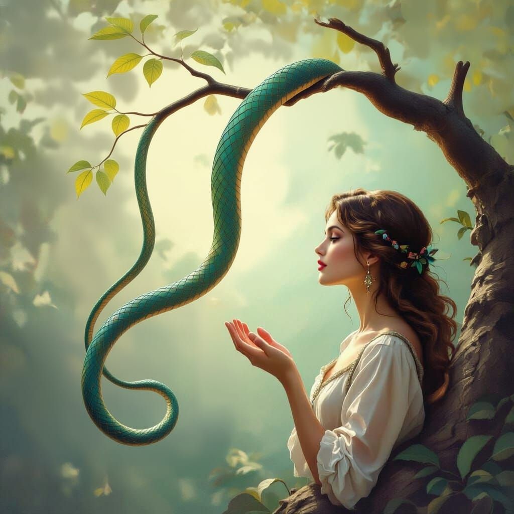 Create a picture of a serpent with wings in an Apple tree tempting a woman to have some of the apple it is holding 
