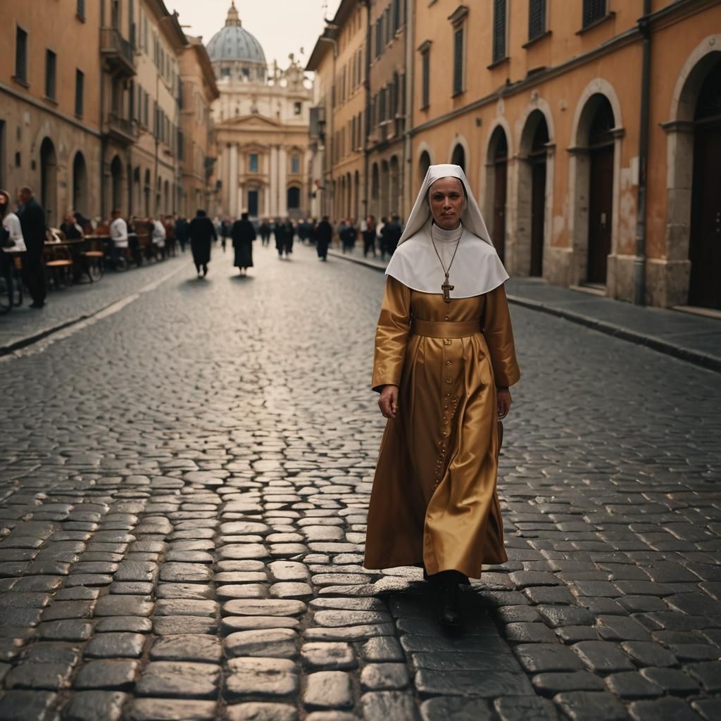 A nun walking across the street of Vatican,   by @Freja Novalie
