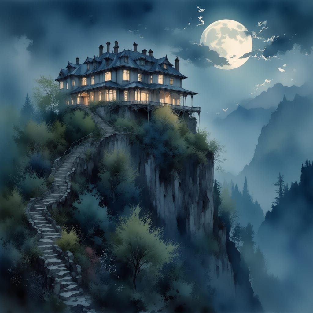 Japanese House on Mountain at Night